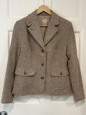 L.L. Bean Women’s Tan Herringbone Tweed Wool-Silk Blazer Jacket 3 Button Sz M